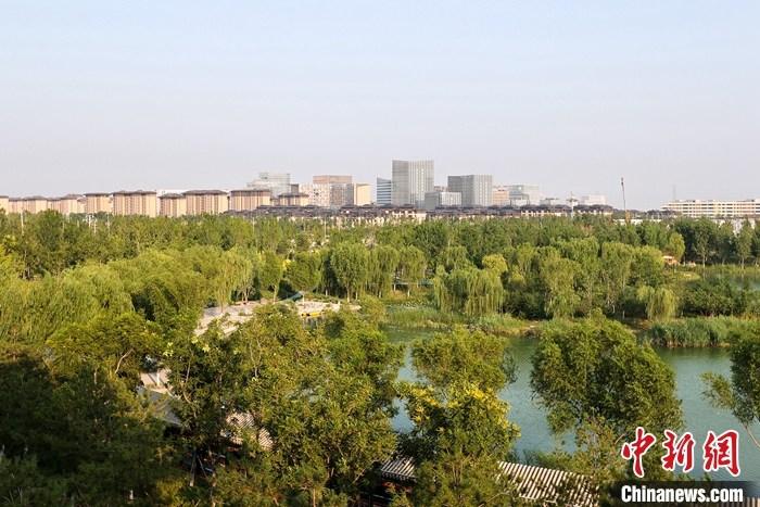 從完成頂層設(shè)計(jì)到如火如荼大規(guī)模建設(shè)，六年來(lái)，雄安新區(qū)如春天的竹子一般拔節(jié)生長(zhǎng)，這座承載千年大計(jì)的“未來(lái)之城”已雄姿初顯。從“一張白紙”開(kāi)始著墨，如今的雄安新區(qū)已是濃墨重彩的“山水畫(huà)”。<a target='_blank' href='/'>中新社</a>記者近日走訪了雄安新區(qū)多地，從“藍(lán)綠金”三色感受這座“未來(lái)之城”的巨大變化。圖為7月18日拍攝的河北雄安新區(qū)金湖公園。 <a target='_blank' href='/'>中新社</a>記者 易海菲 攝