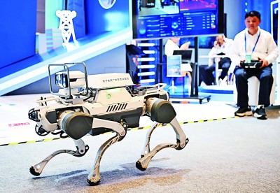  網(wǎng)絡(luò)安全博覽會(huì)上的企業(yè)展示電網(wǎng)巡線機(jī)器狗。新華社記者 鄧華攝